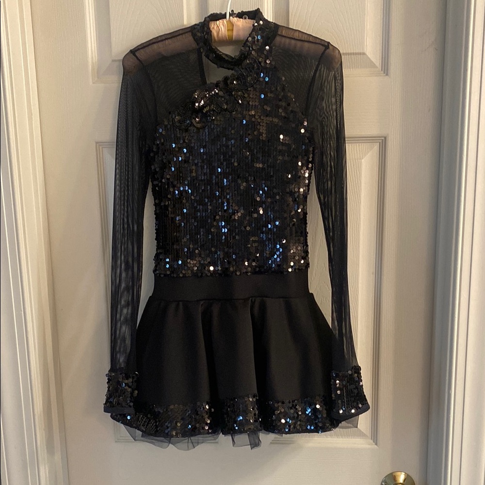 Weissman Black Sequin Sheer Long Sleeve One Piece with tulle skirt, size SA
